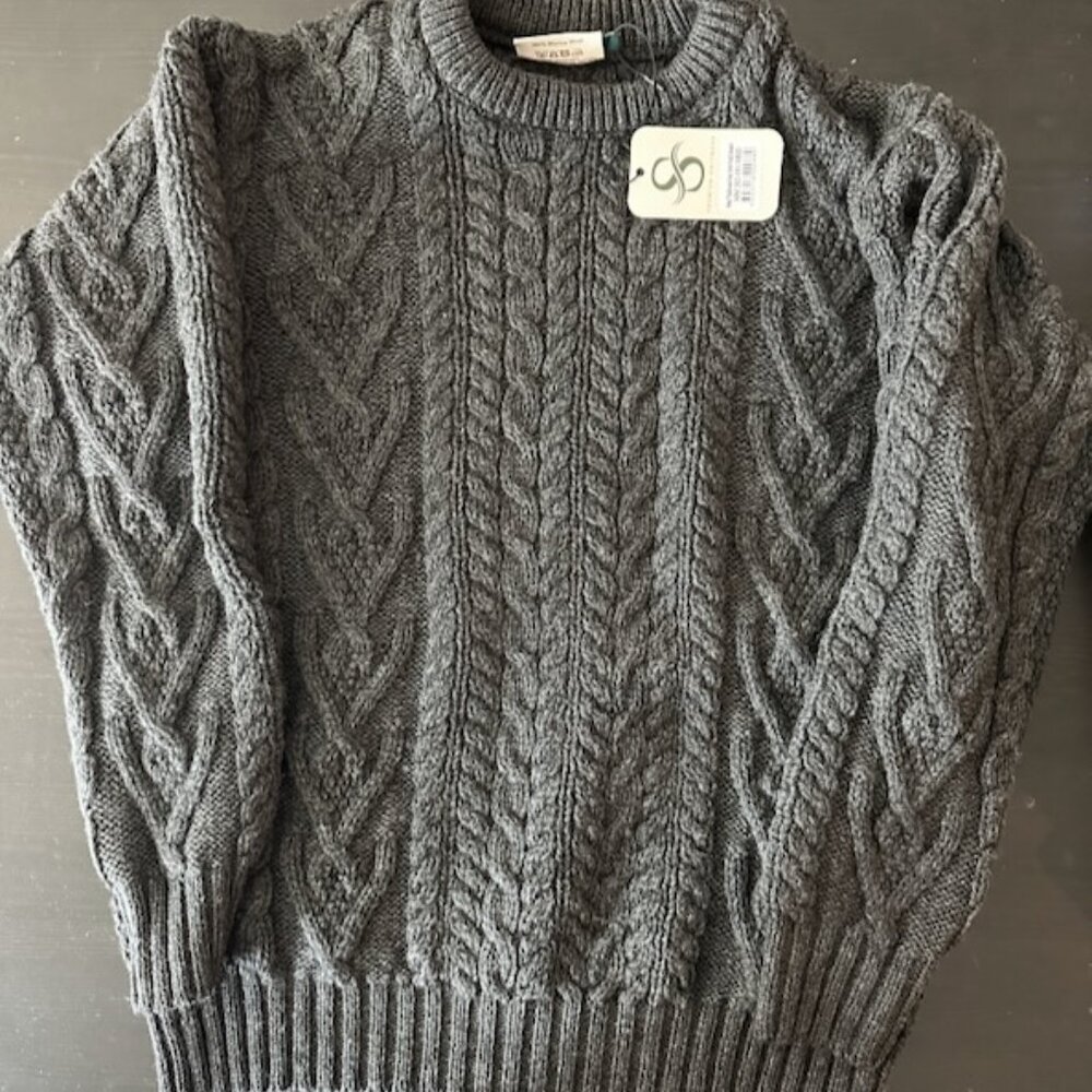 Men's 100% Merino Wool Aran Sweater in Charcoal Black, Size Medium